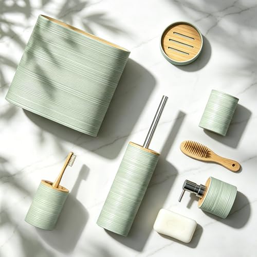 Bathroom Accessory Set, 6-Pcs Green | Trash Can, Soap Dispenser, Toothbrush Holder & Cup, Soap Dish, Toilet Brush - color: Green