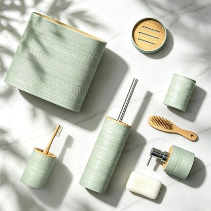 Bathroom Accessory Set, 6-Pcs Green | Trash Can, Soap Dispenser, Toothbrush Holder & Cup, Soap Dish, Toilet Brush - color: Green