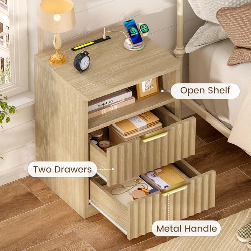 Fluted Night Stand, Nighstand with Charging Station and LED Light, Modern Bed Side Table for Small Space, Storage Drawer and Open Shelf, for Bedroom, Natural - color: Unbzx024rd-zf