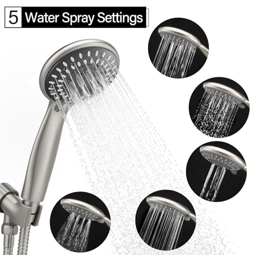 Handheld Shower Head High Pressure 5-Settings with Hose, Matte Black | Powerful Water Spray, Against Low Pressure Water Flow, 59 Inch Stainless Hose, Adjustable Mount - color: Brushed Nickel