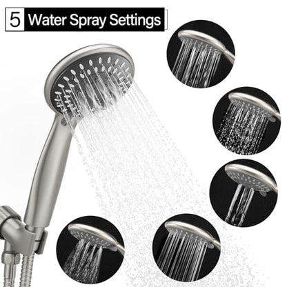 Handheld Shower Head High Pressure 5-Settings with Hose, Matte Black | Powerful Water Spray, Against Low Pressure Water Flow, 59 Inch Stainless Hose, Adjustable Mount - color: Brushed Nickel
