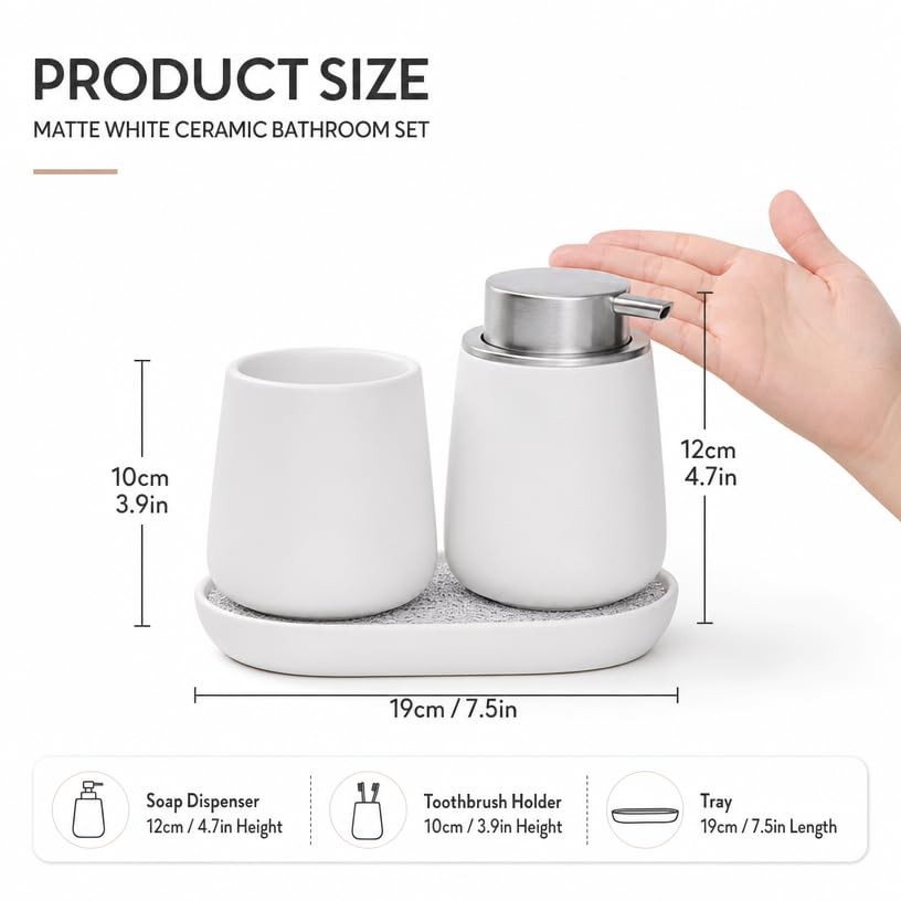 Ceramic Bathroom Accessories Set, 3 Pieces with Soap Dispenser, Toothbrush Holder, and Cup, Matte Black, Polished Finish (White) - color: White