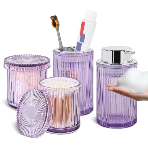4pcs Glass Bathroom Accessories Set, Foaming Soap Dispenser, Toothbrush Holder and Cotton Swab Jar for Bathroom Counter Organizer Essentials, Vintage Ribbed Bathroom Decor, Purple - color: Purple and Silver