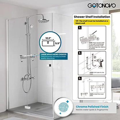 gotonovo Exposed Shower System with Shelf 2 Cross Handle Polished Chrome | Bathroom Brass Shower Faucet Set,8’’ Rainfall Head with Handheld Sprayer,SUS304 Shelf,6’’ Hole Distance,Adjustable Height - color: Chrome