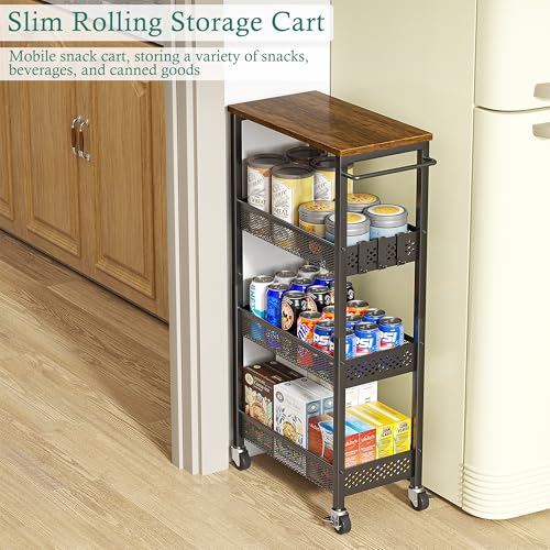 XYZLVSI Slim Rolling Storage Cart, 4 Tier Small Bathroom Cart Organizer | 9.1" W narrow storage cabinet with wooden top and metal handle, ideal for kitchen/dorm, between washer and dryer storage - size: 16.7"Dx9.1"Wx34"H