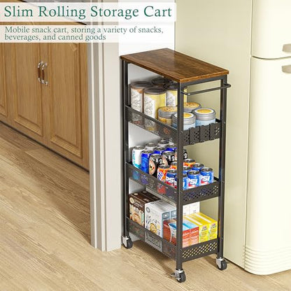 XYZLVSI Slim Rolling Storage Cart, 4 Tier Small Bathroom Cart Organizer | 9.1" W narrow storage cabinet with wooden top and metal handle, ideal for kitchen/dorm, between washer and dryer storage - size: 16.7"Dx9.1"Wx34"H