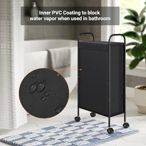 ELYKEN Slim Laundry Hamper with Lid & Wheels, 50L Rolling Laundry Basket | 7.9" Narrow Design, 50L, Removable Liner Bag, Lockable Wheels, Space Saving Clothes Hamper for Bathroom, Bedroom, Closet - style: Black-50L