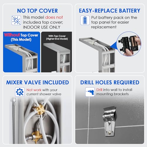 ROVOGO Shower Panel Tower System with Led Lights - Battery Powered, 46.5" | Rainfall Waterfall Shower Head, 2 Body Jets, Handheld and Tub Spout, Stainless Steel Shower Column with Brass Valves, Brushed - color: Brushed-2 jets