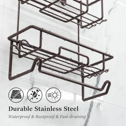 Shower Caddy Hanging over Shower Head Rust Roof Shower Organizer with 10 Hooks for Razor Shampoo Holder Bathroom Shower Rack Storage Shelf with Towel Bar – Bronze