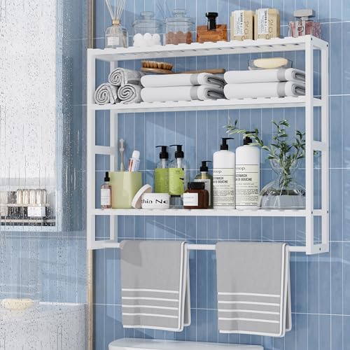 PPN Extra Large Towel Rack Bathroom Storage Shelves Over The Toilet with Towel Bar 100% Bamboo Adjustable Height Floating Shelf Wall Shower Shelf for Small Space Bathroom Kitchen Multi Usage - color: White Extra Large