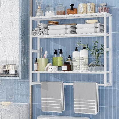 PPN Extra Large Towel Rack Bathroom Storage Shelves Over The Toilet with Towel Bar 100% Bamboo Adjustable Height Floating Shelf Wall Shower Shelf for Small Space Bathroom Kitchen Multi Usage - color: White Extra Large