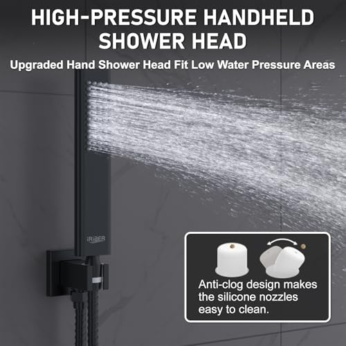 Iriber Shower Set with 12 Inch High Pressure Rain Shower Head and Handheld and Shower Faucet Mixer Valve Modern Shower System Including Pressure Balance Valve Shower Trim Kit for Bathroom,Matte Black - color: Matte Black 05