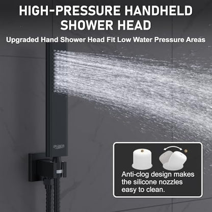 Iriber Shower Set with 12 Inch High Pressure Rain Shower Head and Handheld and Shower Faucet Mixer Valve Modern Shower System Including Pressure Balance Valve Shower Trim Kit for Bathroom,Matte Black - color: Matte Black 05
