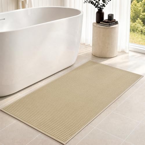 tchdio Bathroom Runner Rug, Absorbent Washable Thin Bath Mat, Non Slip Quick Dry Bath Rugs with Solid Rubber Backing, Low Profile Bath Mat, Beige, 24" x 48" - color: Beige, size: 4' x 2' (Rectangular)
