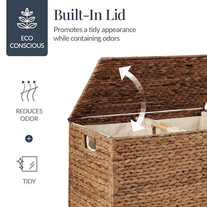 Best Choice Products Large Double Laundry Hamper with Lid, Natural Handwoven Water Hyacinth, 2 Sections w/ 2 Machine Washable Linen Liner Bags, Portable, Handles - Chestnut - color: Chestnut