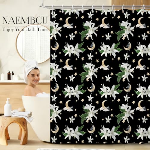 Celestial Floral Shower Curtain 71x74 Inch, Black Boho Moon and Stars Printed Bathroom Shower Curtain with Rust-Proof Hooks, Dark Gothic Style Waterproof Fabric Bath Tub Curtain - color: Floral-q
