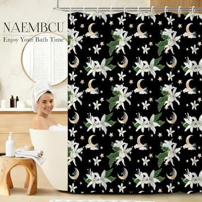 Celestial Floral Shower Curtain 71x74 Inch, Black Boho Moon and Stars Printed Bathroom Shower Curtain with Rust-Proof Hooks, Dark Gothic Style Waterproof Fabric Bath Tub Curtain - color: Floral-q