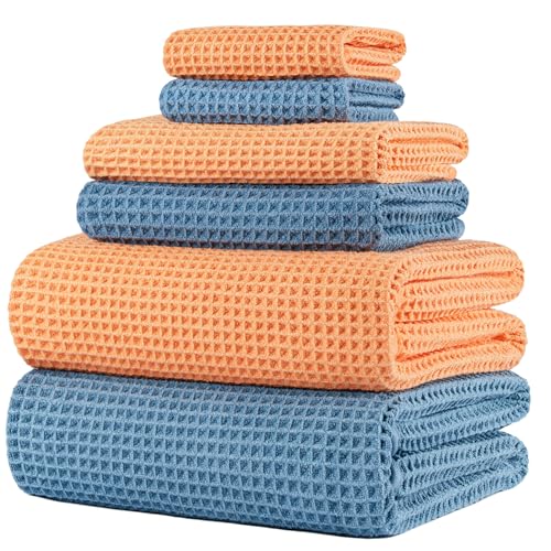 POLYTE 430 GSM Poly Blend Microfiber Quick Dry Waffle Bath Towel Set of 6 | 2-Body Towels, 2-Hand Towels, 2-Wash cloths, Oversize, Lint Free - color: Blue,orange
