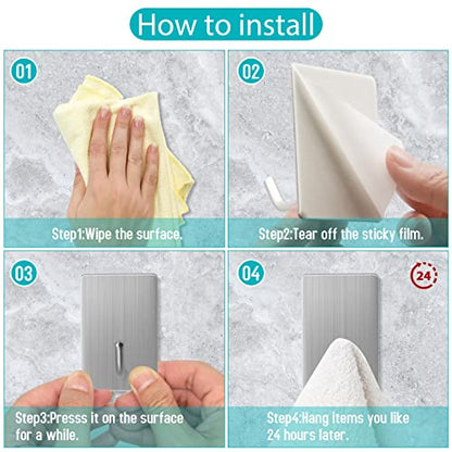 Adhesive Hooks Heavy Duty, Long Stainless Steel Self Adhesive Wall Hook, Sticky Towel Hangers for Kitchen Bathroom, Waterproof Stick on Door Hooks for Hanging Key Hat Coat 4Pack(Black) | Drill-free sticky hangers for kitchen, bathroom & door; hang towel,