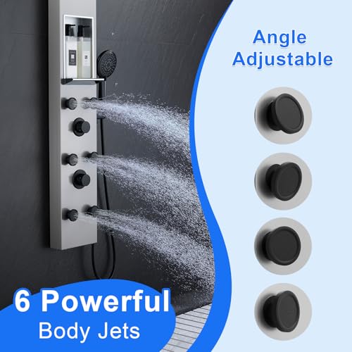 POPFLY Shower Panel Tower System with 8-inch Rainfall Shower and Shelf | Adjustable Shower Arm Height Rainfall Head, 6 Body Jets and 5-Setting Handheld Shower, Brushed Nickel, Stainless Steel - color: 6 Jets with Shelf-Brushed