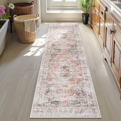 Uphome Bathroom Runner Rug, Distressed Tribal Farmhouse Blush Pink Bathroom Mat, Large Bathroom Rugs Non Slip Washable, Oriental Retro Boho Bath Mat Runner for Bathtub Sink Hallway, 24x71 inch - color: Blush Pink, size: 24 x 71 inch (Rectangular)