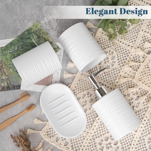 Plastic Bathroom Accessories Set 4Pcs, White Bathroom Accessory Set Includes Liquid Soap Dispenser with Rust-Proof Plastic Pump, 2Pcs Bathroom Cup, Soap Dish for Modern Home Apartment - color: White