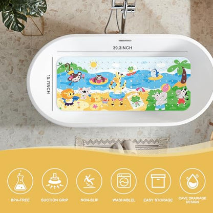 PRATIQUE Kids Bath Mat for Tub Non Slip，40 X 16 Inch Extra Long Kids Bathtub Mat Seaside Zoo Bathtub Shower Mat Safety Anti Slip with Suction Cups and Drain Holes, Machine Washable - color: Zoo