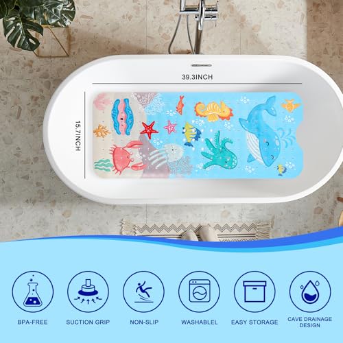 PRATIQUE Kids Bath Mat for Tub Non Slip，40 X 16 Inch Extra Long Kids Bathtub Mat Ocean Bathtub Shower Mat Safety Anti Slip with Suction Cups and Drain Holes, Machine Washable（Blue Whale） - color: Blue Whale