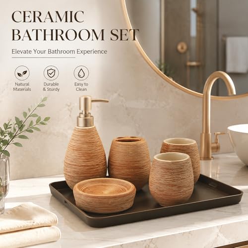 Bathroom Ceramic Accessories Set, 6 Piece Bathroom Set with Including Soap Dispenser Mouthwash Cup Soap Dish Toothbrush Holder Tray (Brown) - color: Brown