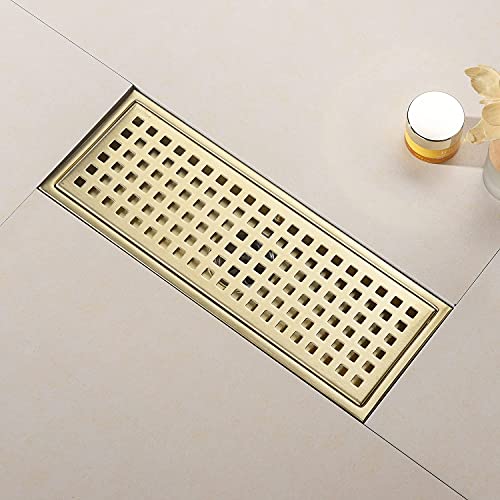 12 Inch Rectangular Shower Floor Drain, Can Be Detachably Inserted Into The Mesh Grille Cover, SUS304 Stainless Steel, Brushed Gold - color: Brushed Gold