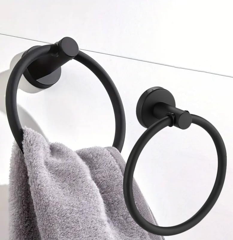Stainless Steel Black Round Adhesive Towel Ring Hooks, Rustproof, No-Drill Wall Holder, Modern Design for Bathroom, Kitchen & Laundry Room - color: Black