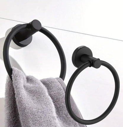 Stainless Steel Black Round Adhesive Towel Ring Hooks, Rustproof, No-Drill Wall Holder, Modern Design for Bathroom, Kitchen & Laundry Room - color: Black