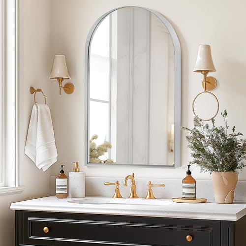 SogesHome 3-Tier Medicine Cabinet with Shelf, Home Storage Bathroom Wall-Mounted & Recessed Mirror Cabinet for Bathroom, Bedroom, (Arched,Silver) - color: Silver