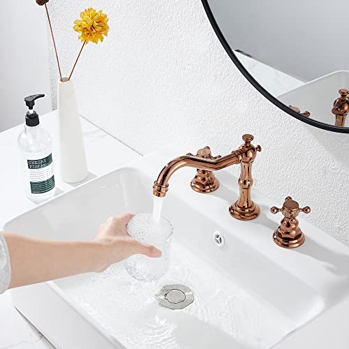 8-16 inch Two Handles 3 Holes Widespread Bathroom Sink Faucet Copper Basin Mixer Tap Faucet Matching Metal Pop Up Drain with Overflow - color: Copper, style: Metal Cover