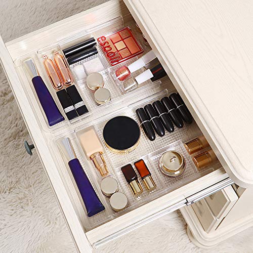 Oubonun Expandable Drawer Organizer 11.1” to 19.2” Width, Shallow Cosmetic Organizer 1.3” Height, 2 Packs, Clear Plastic Storage Trays for Dressing Table,Bathroom - style: Shallow 2 Packs