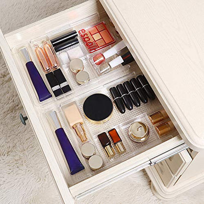 Oubonun Expandable Drawer Organizer 11.1” to 19.2” Width, Shallow Cosmetic Organizer 1.3” Height, 2 Packs, Clear Plastic Storage Trays for Dressing Table,Bathroom - style: Shallow 2 Packs