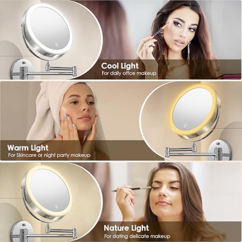 MNIENT Wall Mounted Lighted Makeup Mirror, 1x/10x Rechargeable Magnifying | 3 Colors, Adjustable Brightness Mirror, Double-Sided, 360° Rotation Foldable Led Vanity Mirror with Lights