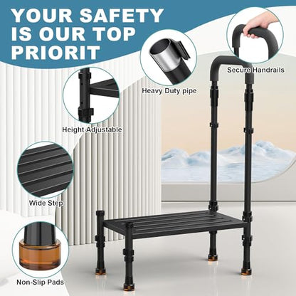 Medical Step Stool, Wide Platform, Adjustable Handrail & Legs | Adjustable handrail(32.5”-40.4”) & sturdy steel frame. 800 lb capacity. Use on bed, car SUV & bathroom. Safe for seniors. - color: Black