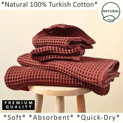 PÜSKÜL Natural 100% Turkish Cotton Waffle Towels Set of 4-Piece, Brick-Red | 2-Bath sheet (Extra-large 32x63") and 2-Hand towel (Large 32x16"). Premium honeycomb-waffle weave, oeko-tex made in Turkiye. - color: Brick