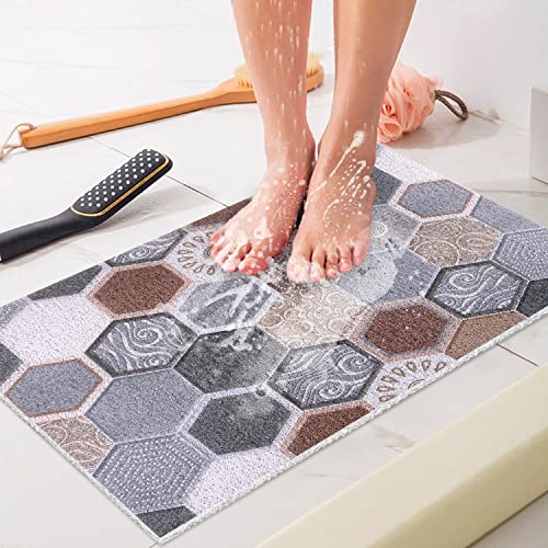 Shower Mat Non-Slip, 24x16 Inch Soft Comfort Bath Mat with Drainage Holes, PVC Loofah Massage Bathmat for Shower,Tub,Bathroom,Wet Areas, Quick Drying - color: Hexagonal Tiles, size: 24" x 16" (Rectangular)