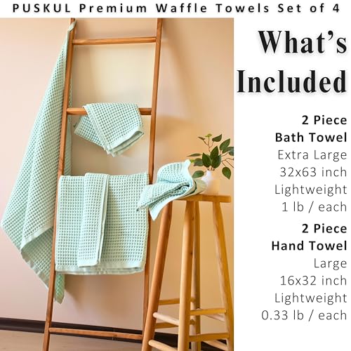 PÜSKÜL Natural 100% Turkish Cotton Waffle Towels Set of 4-Piece, Ice Green | 2-Bath sheet (Extra-large 32x63") and 2-Hand towel (Large 32x16"). Premium honeycomb-waffle weave, oeko-tex made in Turkiye. - color: Ice Green