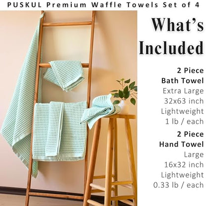 PÜSKÜL Natural 100% Turkish Cotton Waffle Towels Set of 4-Piece, Ice Green | 2-Bath sheet (Extra-large 32x63") and 2-Hand towel (Large 32x16"). Premium honeycomb-waffle weave, oeko-tex made in Turkiye. - color: Ice Green