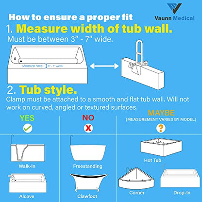 Vaunn Medical Secure Bathtub Safety Rail, ADA Compliant Shower Grab Bar Handle for Elderly and Disabled, Secure Locking Tub Clamp, 300 lbs - style: Fixed