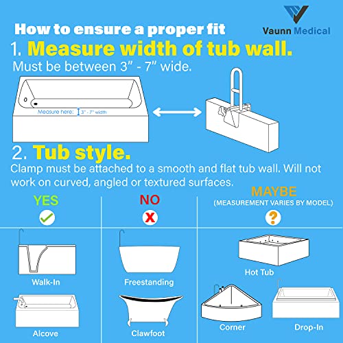 Vaunn Medical Adjustable Height Bathtub Safety Rail, Extra-Height 17"-20" Tall Extension ADA Compliant Shower Grab Bar Handle for Elderly and Disabled, Secure Locking Tub Clamp, 300 lbs - style: Height Adjustable