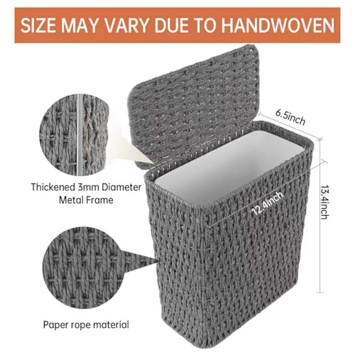 Coeusy 3 Gallon Paper Rope Bathroom Trash Can,Small Wicker Trash Cans with Lid and Liner,Woven Rattan Narrow Waste Basket for Bedroom,Office,Grey - color: Grey