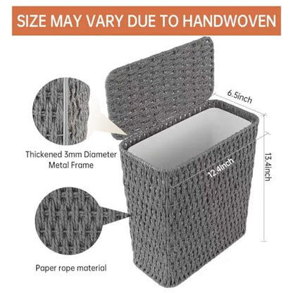 Coeusy 3 Gallon Paper Rope Bathroom Trash Can,Small Wicker Trash Cans with Lid and Liner,Woven Rattan Narrow Waste Basket for Bedroom,Office,Grey - color: Grey