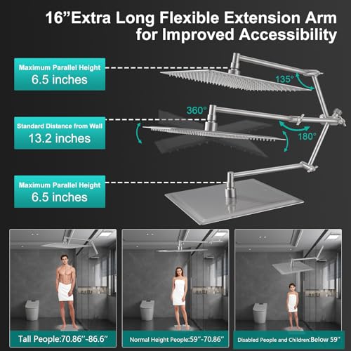 All Metal 10 Inch Rain Shower Head with Handheld Spray Combo, High Pressure Waterfall Rainfall Square Shower Heads with 16" Adjustable Extension Arm, Dual Showerhead with 3-Way Diverter,Brushed Nickel - color: Brushed Nickel, size: 10 Inch
