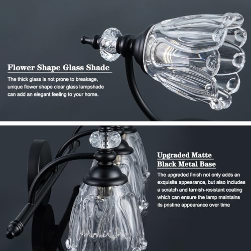 Matte Black Bathroom Vanity Light, Farmhouse Bathroom Light Fixtures Over Mirror, 3 Light Vanity Lighting Fixtures, Flower Glass Shade Wall Sconce Lighting - color: Black, size: 3 light