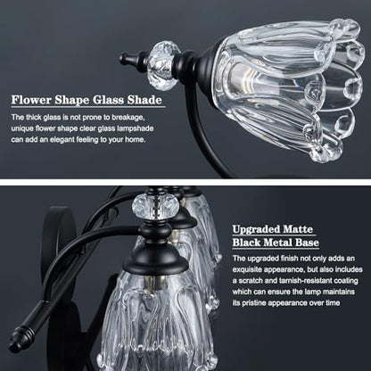 Matte Black Bathroom Vanity Light, Farmhouse Bathroom Light Fixtures Over Mirror, 3 Light Vanity Lighting Fixtures, Flower Glass Shade Wall Sconce Lighting - color: Black, size: 3 light