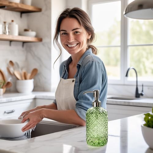 JASAI 18Oz Tea Green Soap Dispenser with Rust Proof Pump | Refillable Glass Soap Dispenser for Bathroom & Kitchen to Dispense Dish Soap, Hand soap, liquid Soap, Lotion. - color: Green